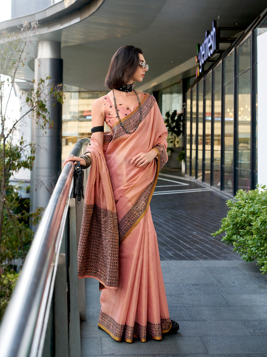 Peach Linen Tissue Readymade/Easy Saree