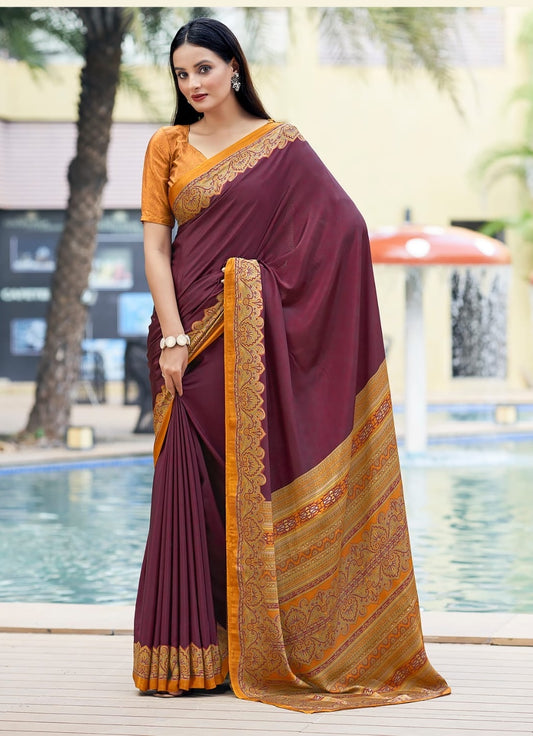 Plum crepe silk easy saree with ornate gold border and draped pleats, short sleeve blouse