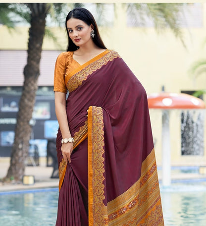 Plum crepe silk easy saree with gold border panel and short sleeve blouse, side drape view