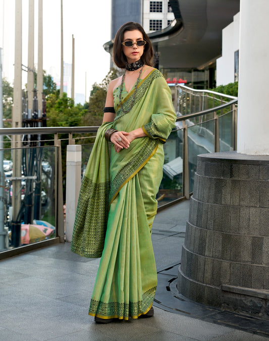 Green Linen Tissue Readymade/Easy Saree