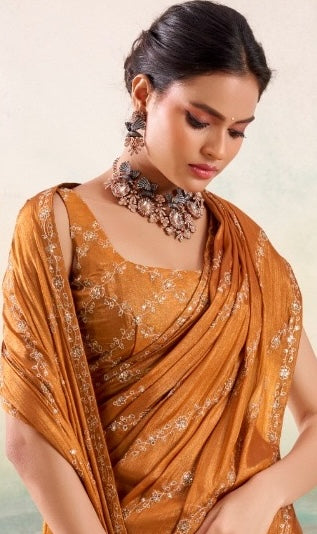 Golden Color Georgette Readymade/Easy Saree - Panaash Saree