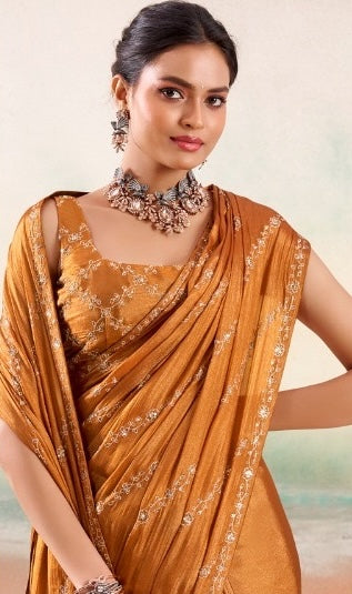 Golden Color Georgette Readymade/Easy Saree - Panaash Saree