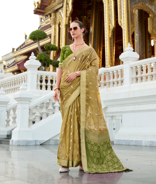 Olive Tissue Silk Readymade/Easy Fancy Saree