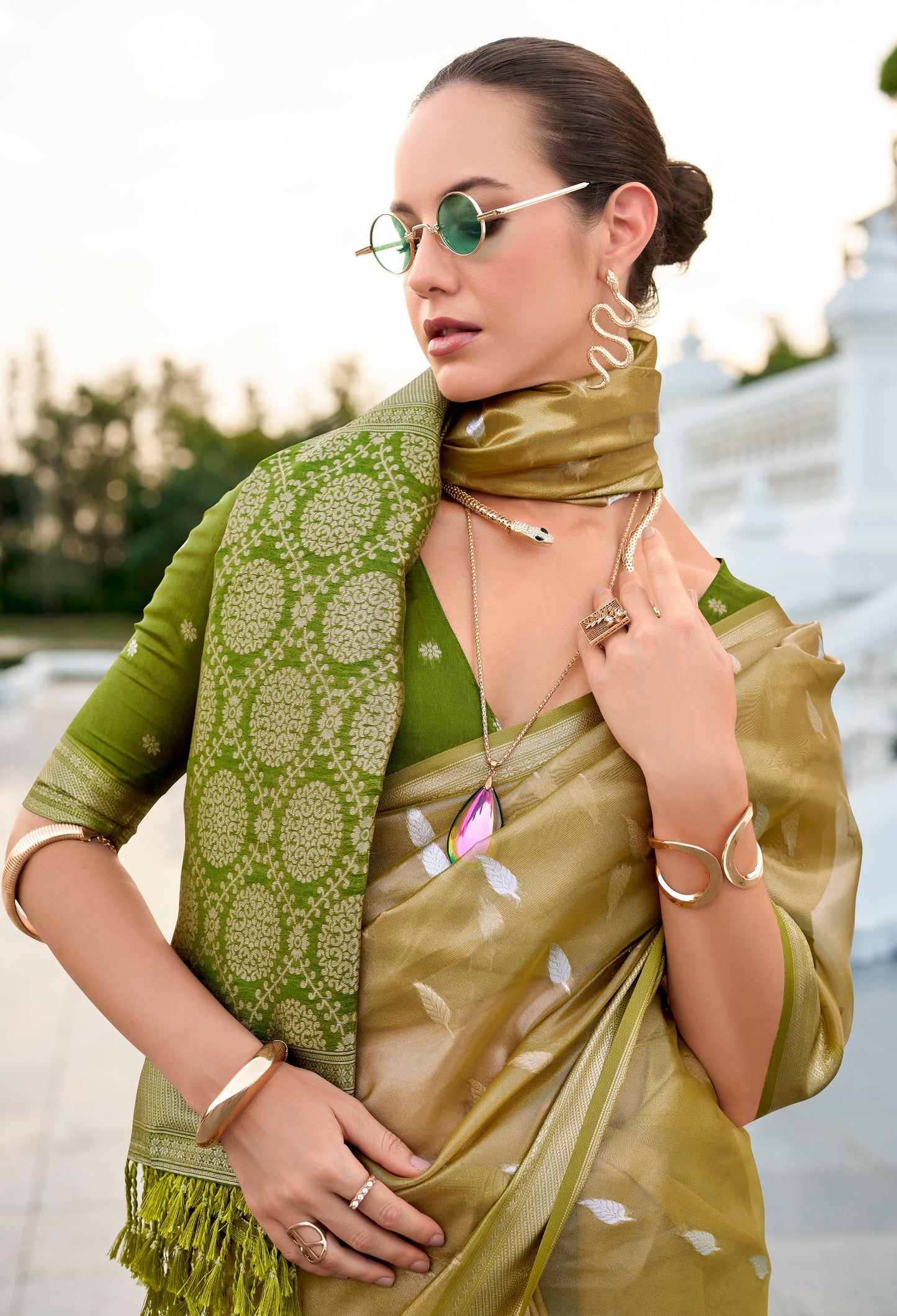 Olive Tissue Silk Readymade/Easy Fancy Saree