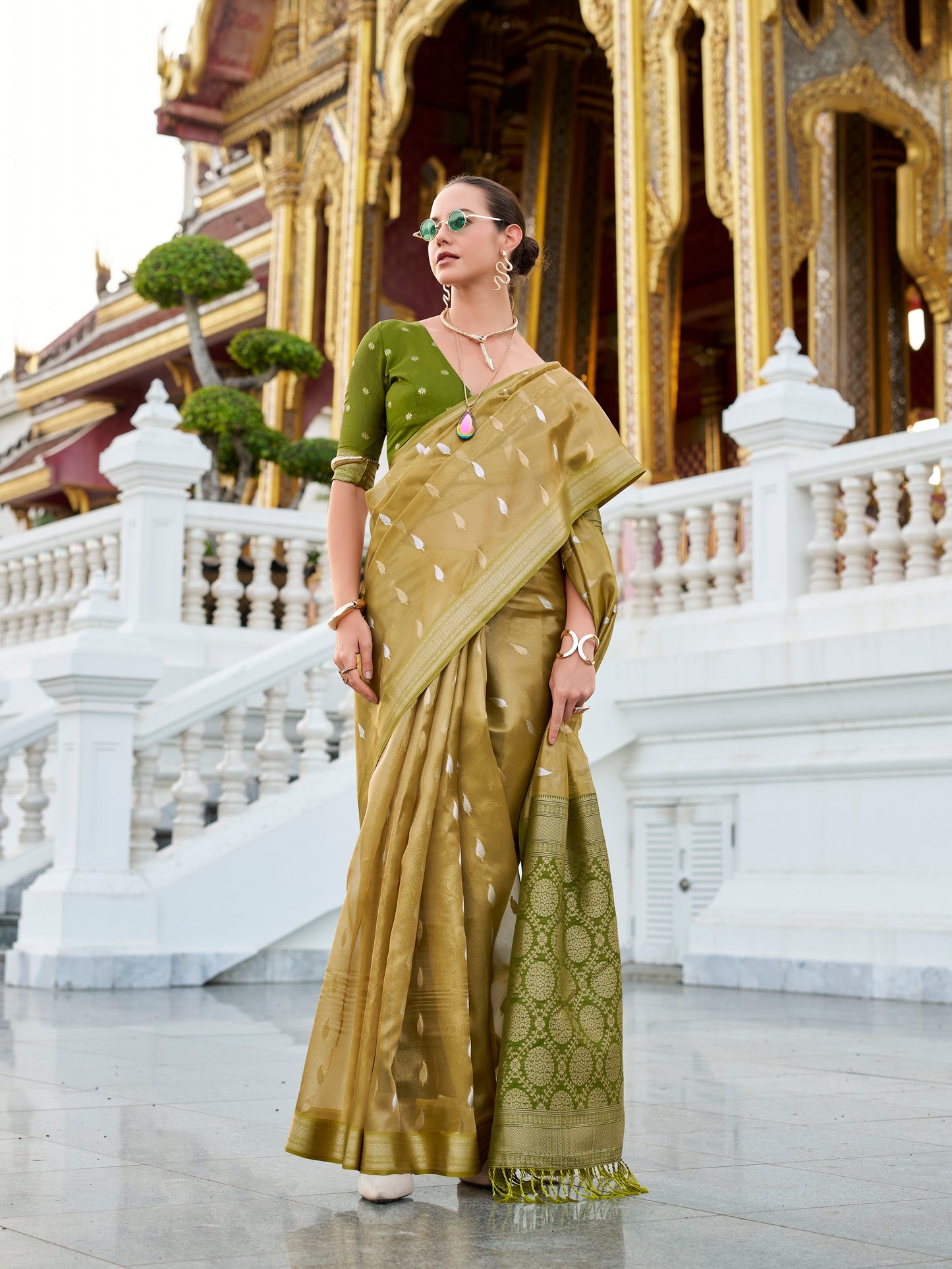 Olive Tissue Silk Readymade/Easy Fancy Saree