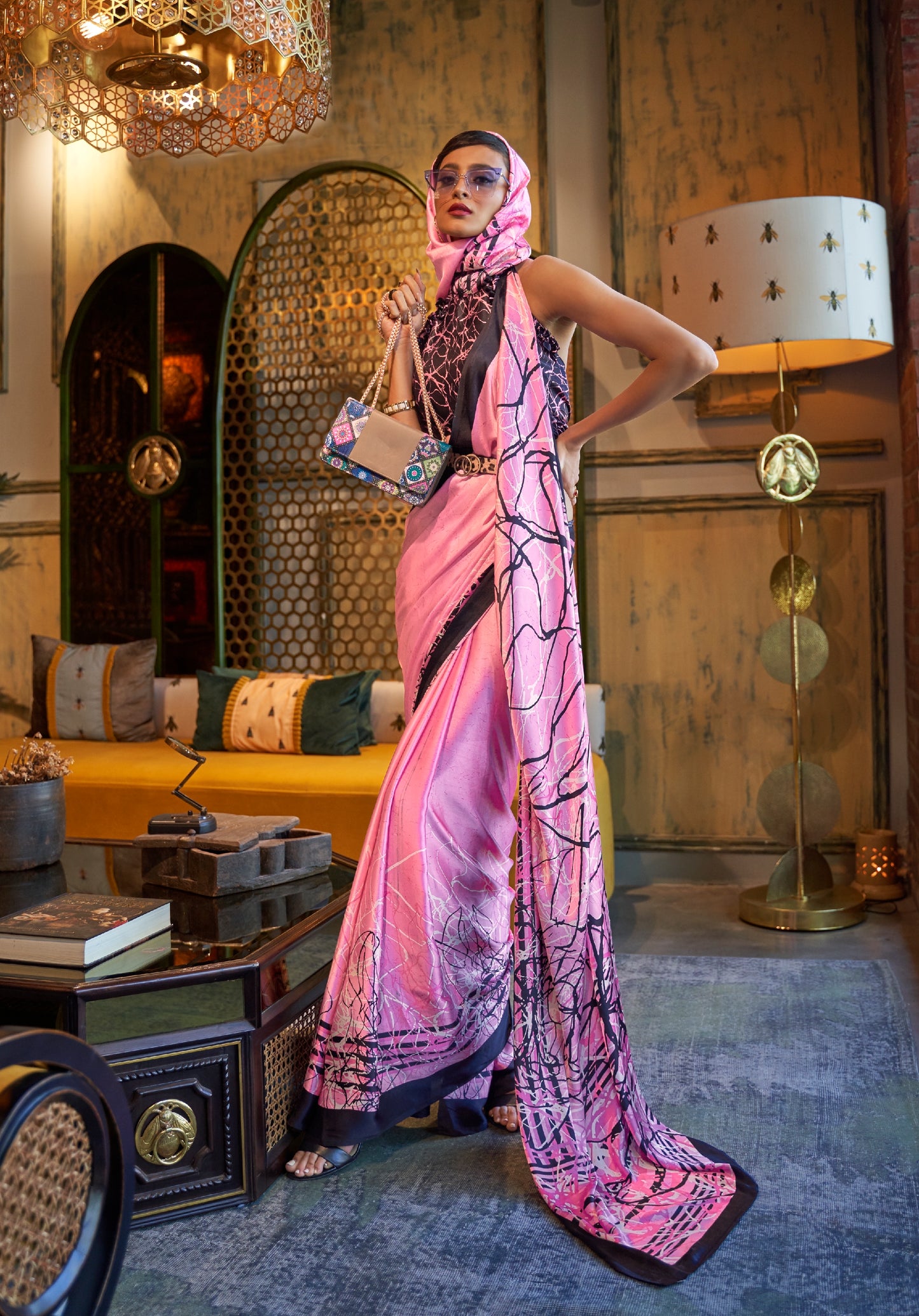 Plus Size Pink Crepe Silk Readymade Saree