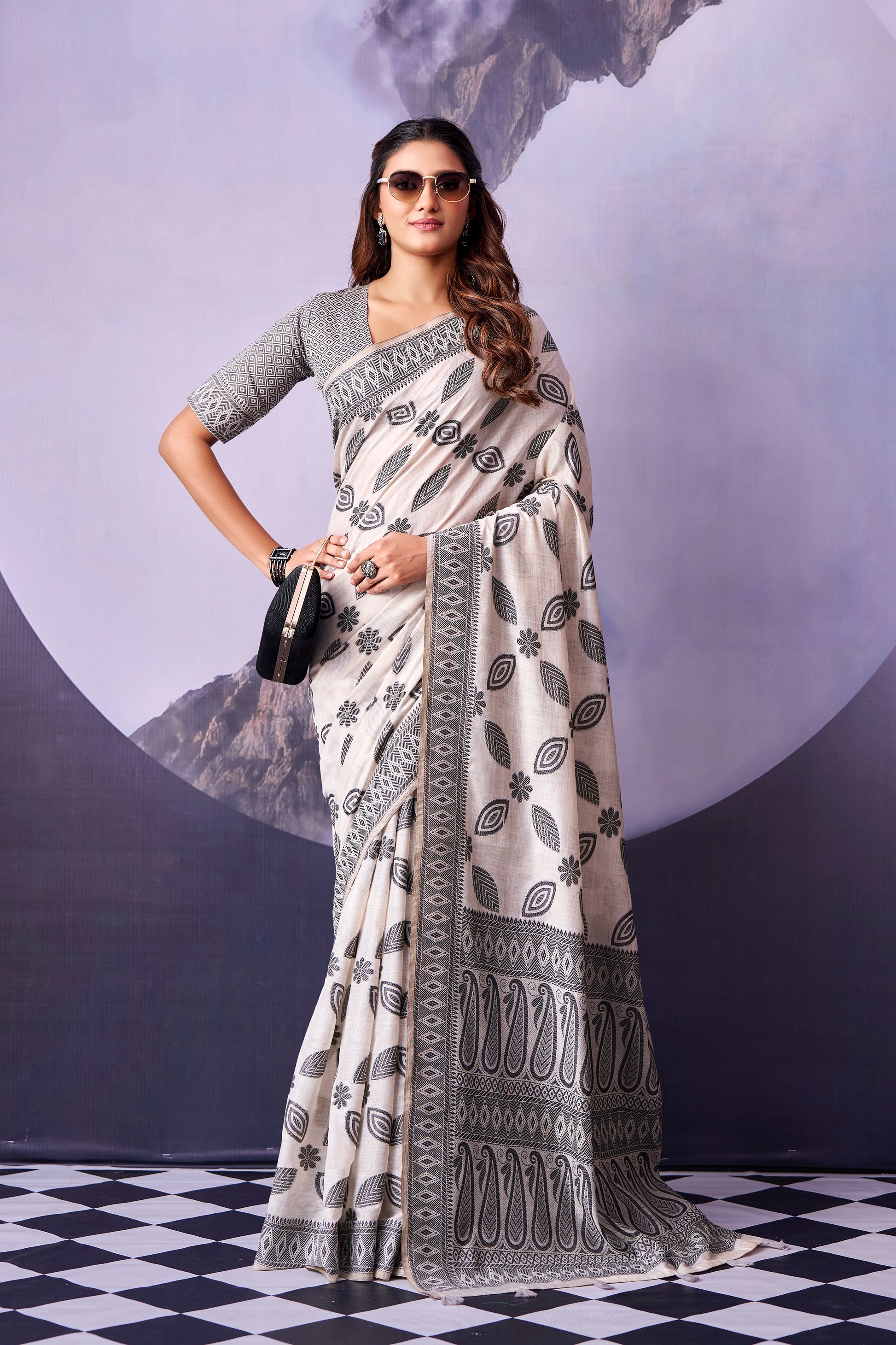 Grey & White Petal Print Cotton Ready To Wear/Easy Saree by Stylebypanaash 
