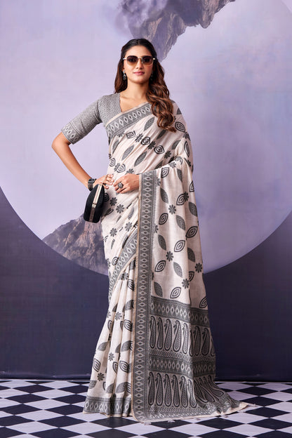 Grey & White Petal Print Cotton Ready To Wear/Easy Saree by Stylebypanaash 