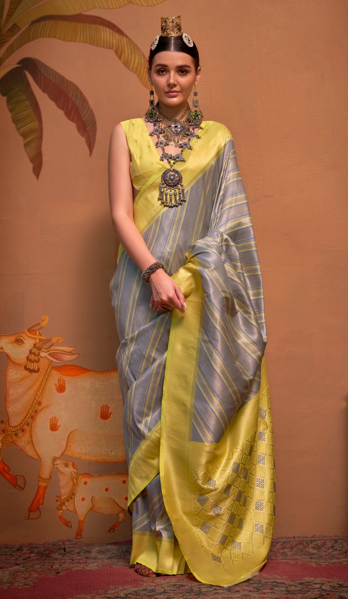 Grey Kanjivaram Silk Readymade/Easy Saree