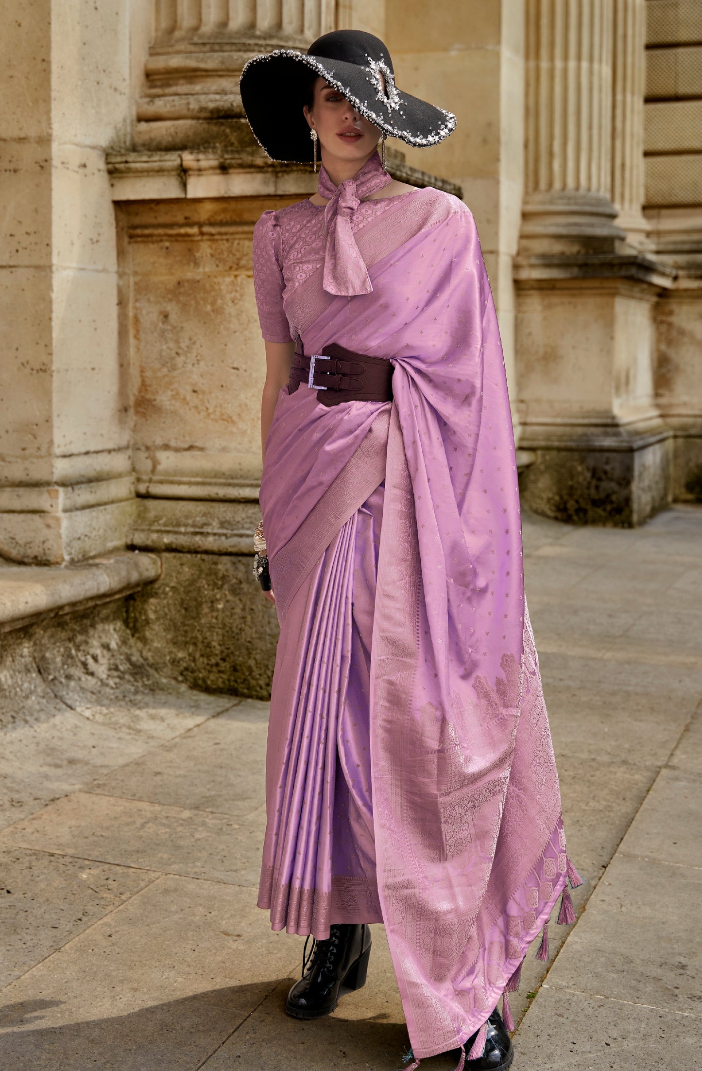 Lavender Color Banarasi Satin Modal Readymade/Easy Saree