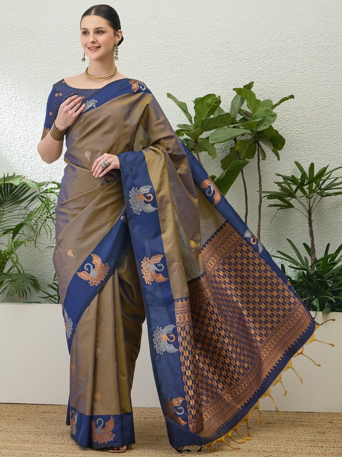 Taupe Brown Readymade/Easy Kanjivaram Saree - Panaash Saree