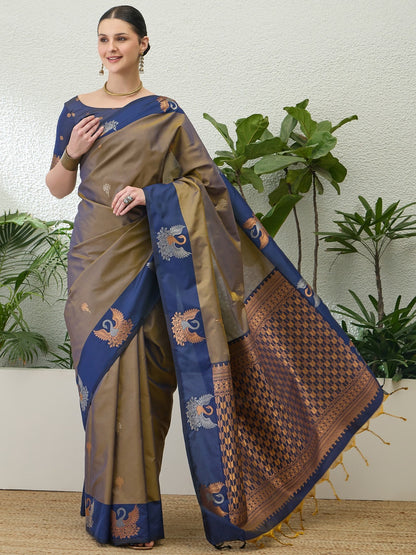 Taupe Brown Readymade/Easy Kanjivaram Saree - Panaash Saree