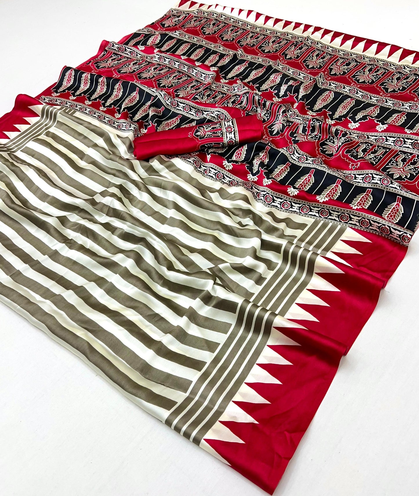 Red Stripe Crepe Silk Readymade/Easy Saree