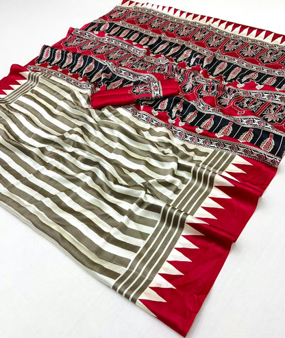 Red Stripe Crepe Silk Readymade/Easy Saree