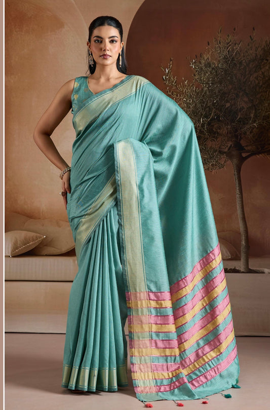 Turquoise Color Raw Silk Readymade/Easy Saree