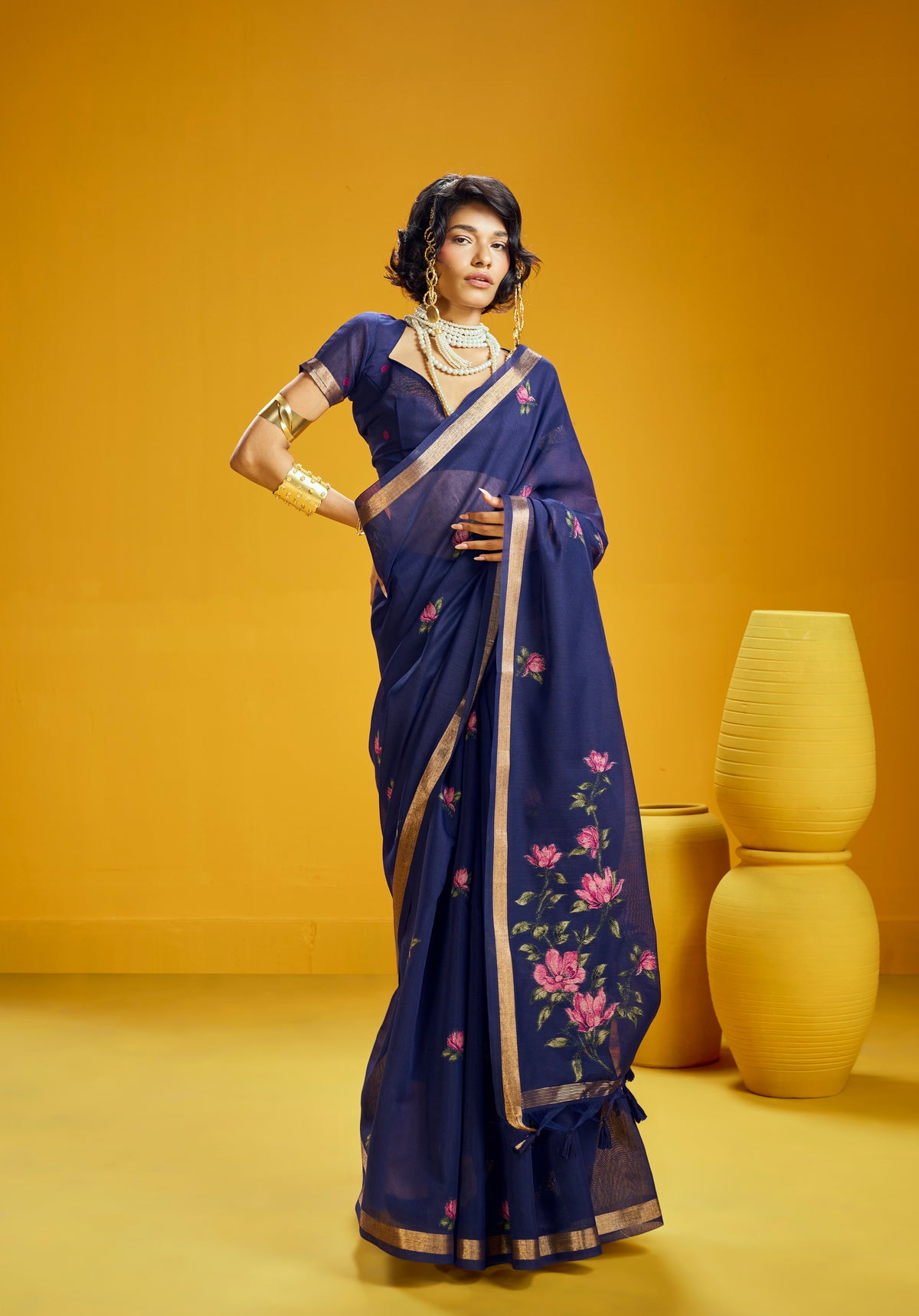 Navy Blue Munga Silk  Ready To Wear/Easy Saree by Sylebypanaash