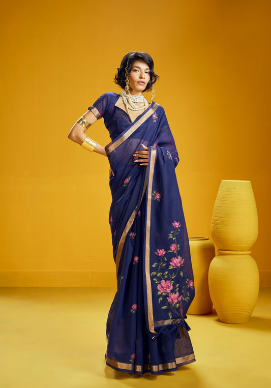 Navy floral ready-to-wear saree with gold-toned border and short sleeves