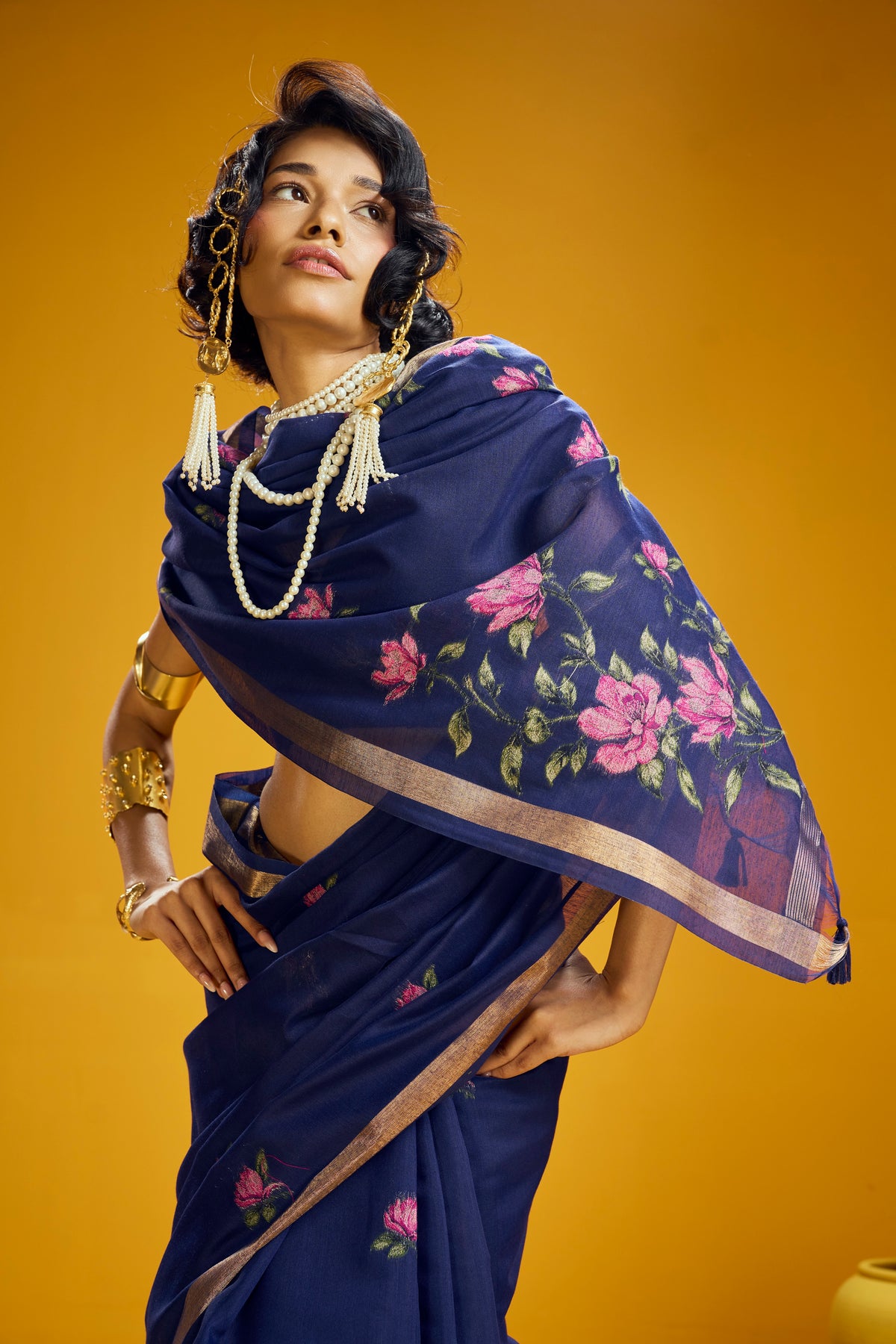 Navy Blue Munga Silk  Ready To Wear/Easy Saree by Sylebypanaash