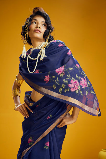 Navy Blue Munga Silk  Ready To Wear/Easy Saree by Sylebypanaash