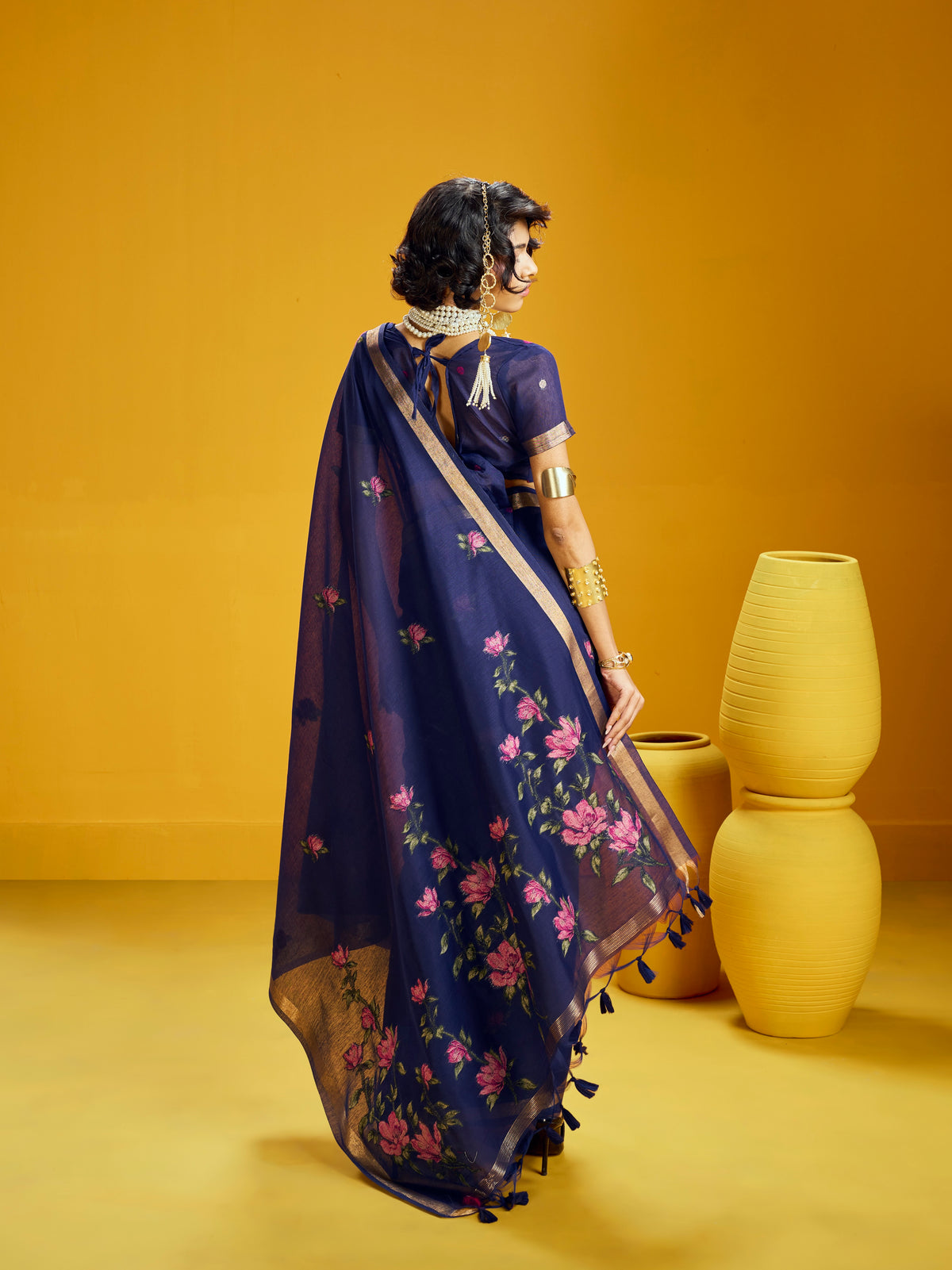 Navy Blue Munga Silk  Ready To Wear/Easy Saree by Sylebypanaash