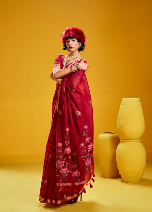 Red ready-to-wear saree with pink floral prints and gold border, draped for a full look