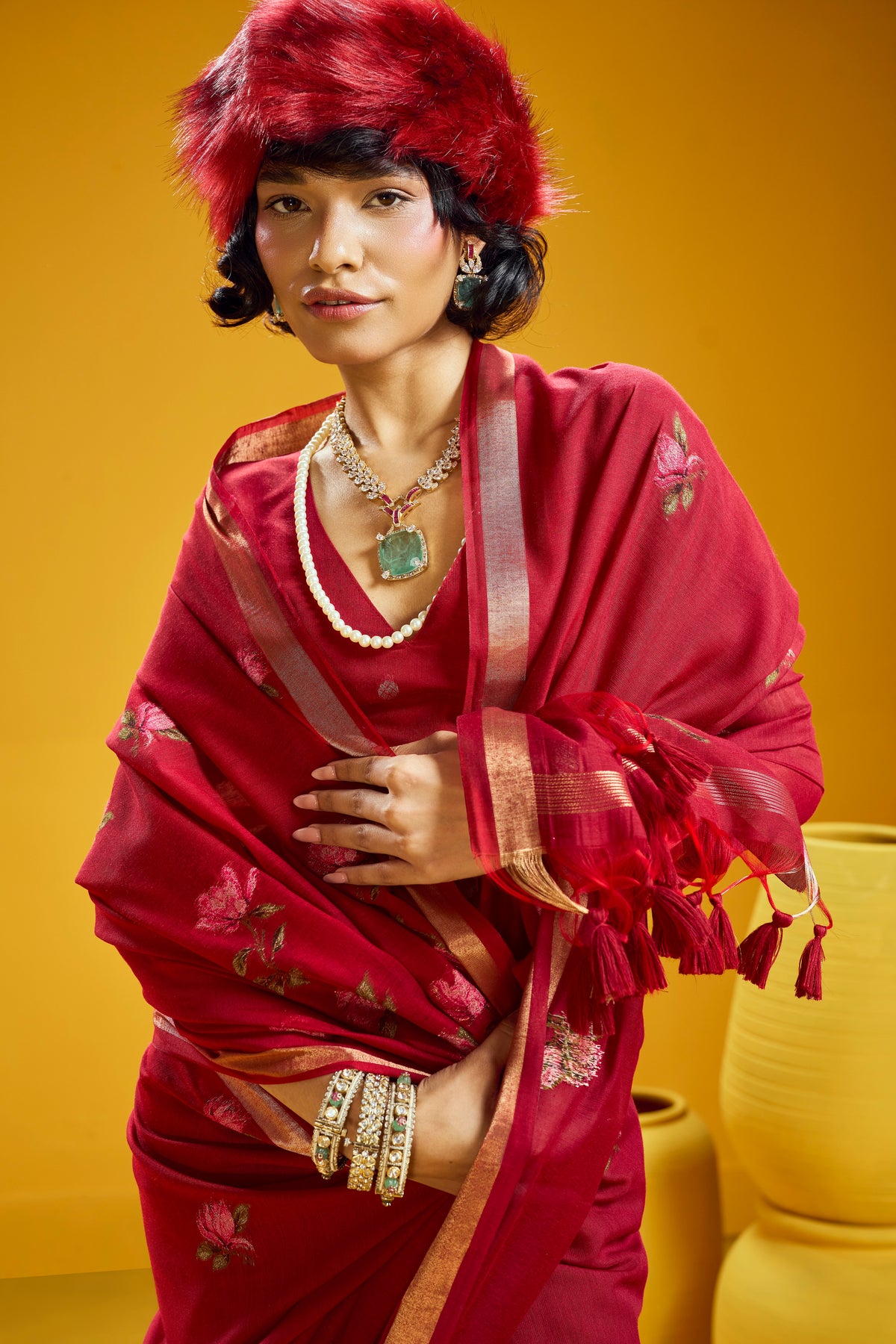 Red Munga Silk  Ready To Wear/Easy Saree by Stylebypanaash