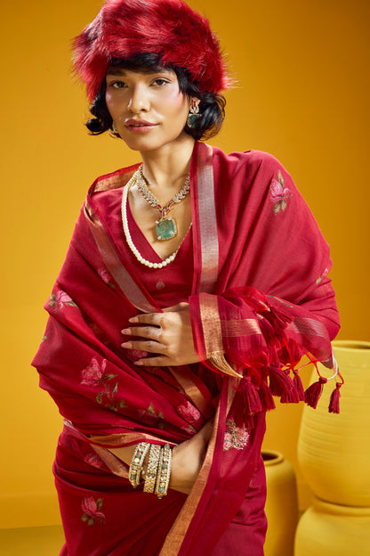 Red Munga Silk  Ready To Wear/Easy Saree by Stylebypanaash