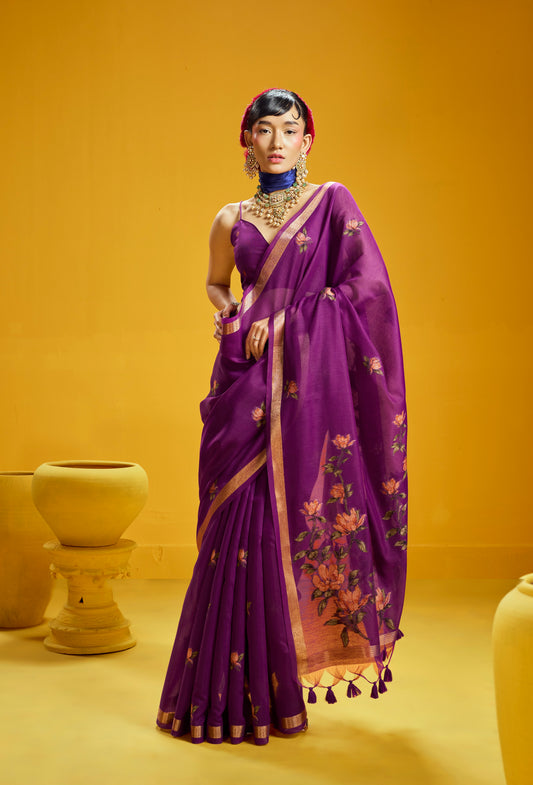 Purple ready-to-wear saree with floral gold motifs and gold border, full-length drape