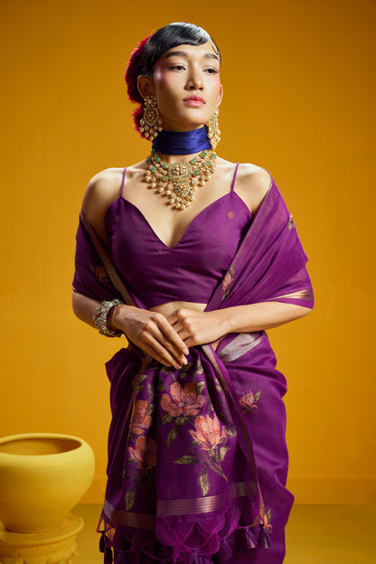 Purple Munga Silk  Ready To Wear/Easy Saree by Stylebypanaash