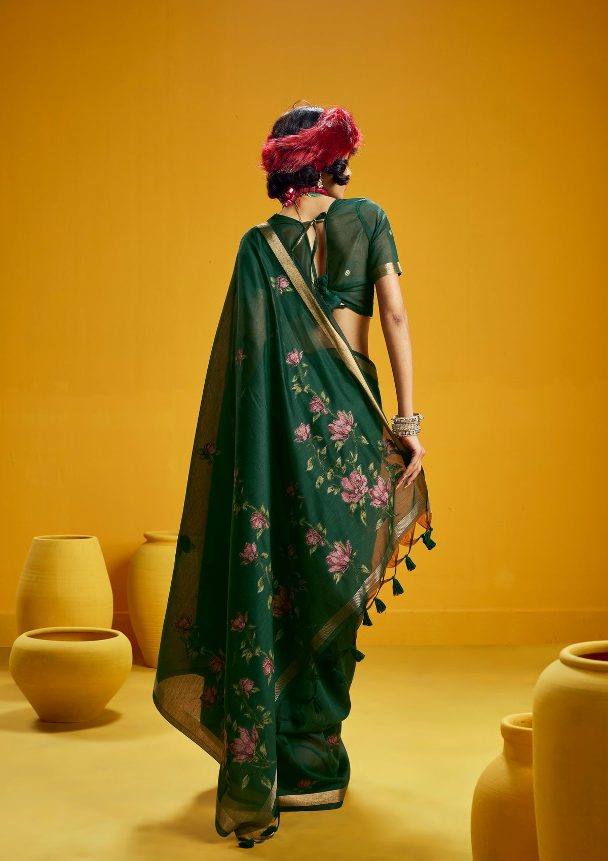 Green Munga Silk  Ready To Wear/Easy Saree by Stylebypanaash
