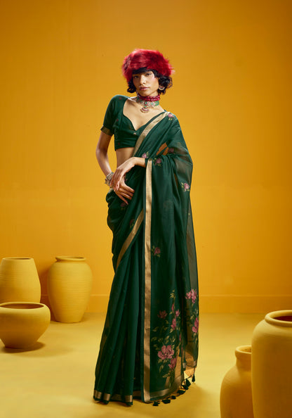Green Munga Silk  Ready To Wear/Easy Saree by Stylebypanaash