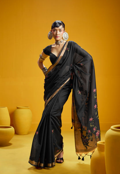 Black Munga Silk  Ready To Wear/Easy Saree by Stylebypanaash