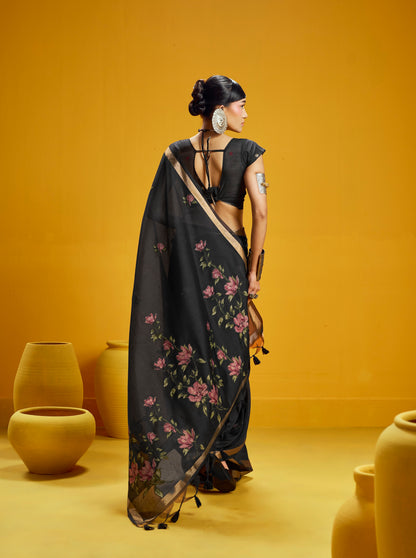 Black Munga Silk  Ready To Wear/Easy Saree by Stylebypanaash