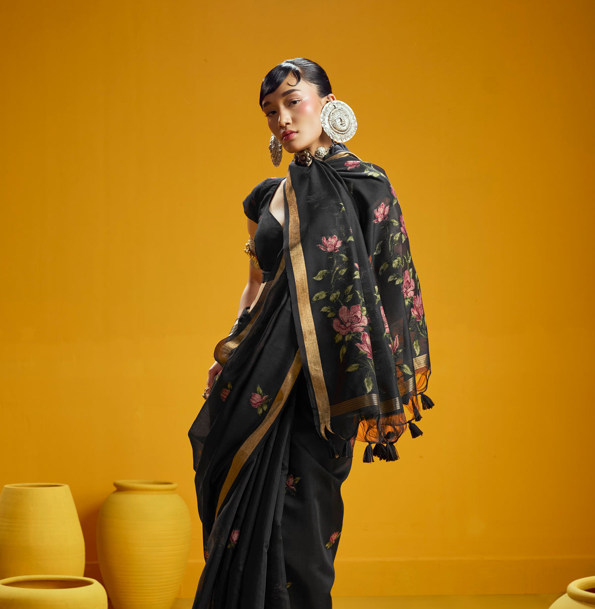 Black Munga Silk  Ready To Wear/Easy Saree by Stylebypanaash
