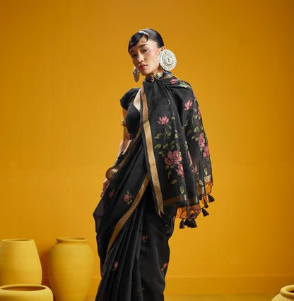Black Munga Silk  Ready To Wear/Easy Saree by Stylebypanaash