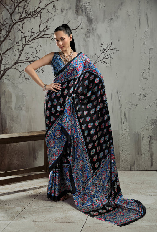 Black & Blue Modal Silk Ready To Wear/Easy Saree by StyleByPanaash