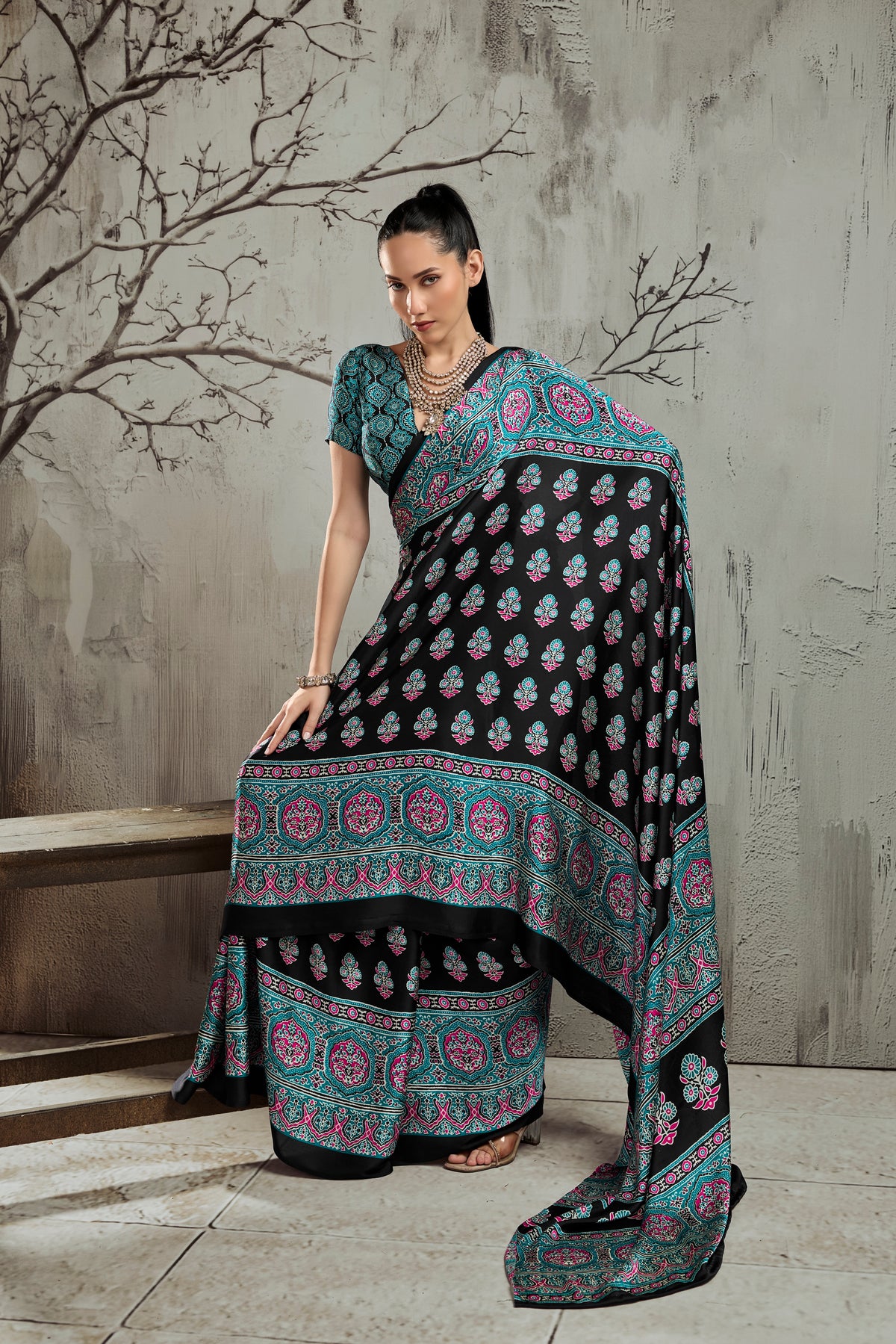 Black & Turquoise Modal Silk Ready To Wear/Easy Saree by StyleByPanaash