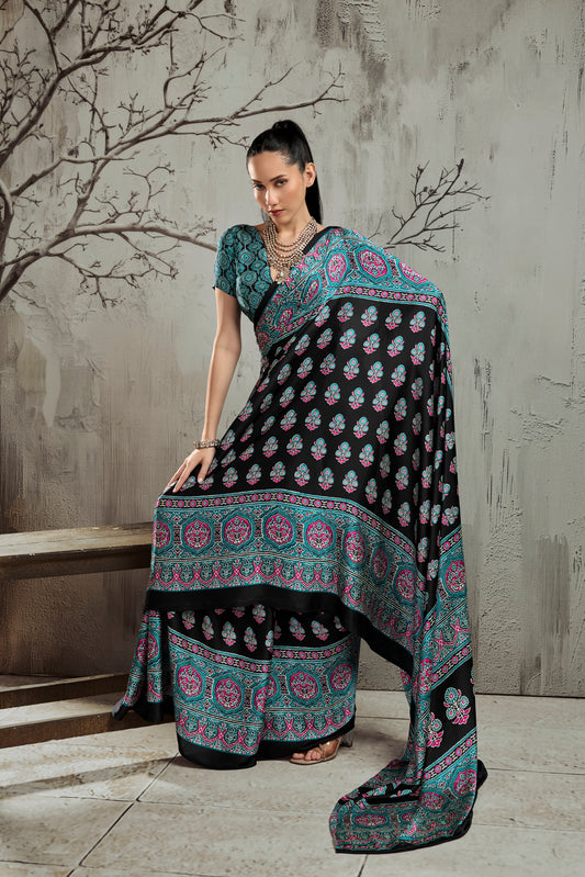 Black & Turquoise Modal Silk Ready To Wear/Easy Saree by StyleByPanaash