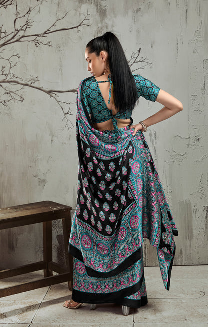 Black & Turquoise Modal Silk Ready To Wear/Easy Saree by StyleByPanaash