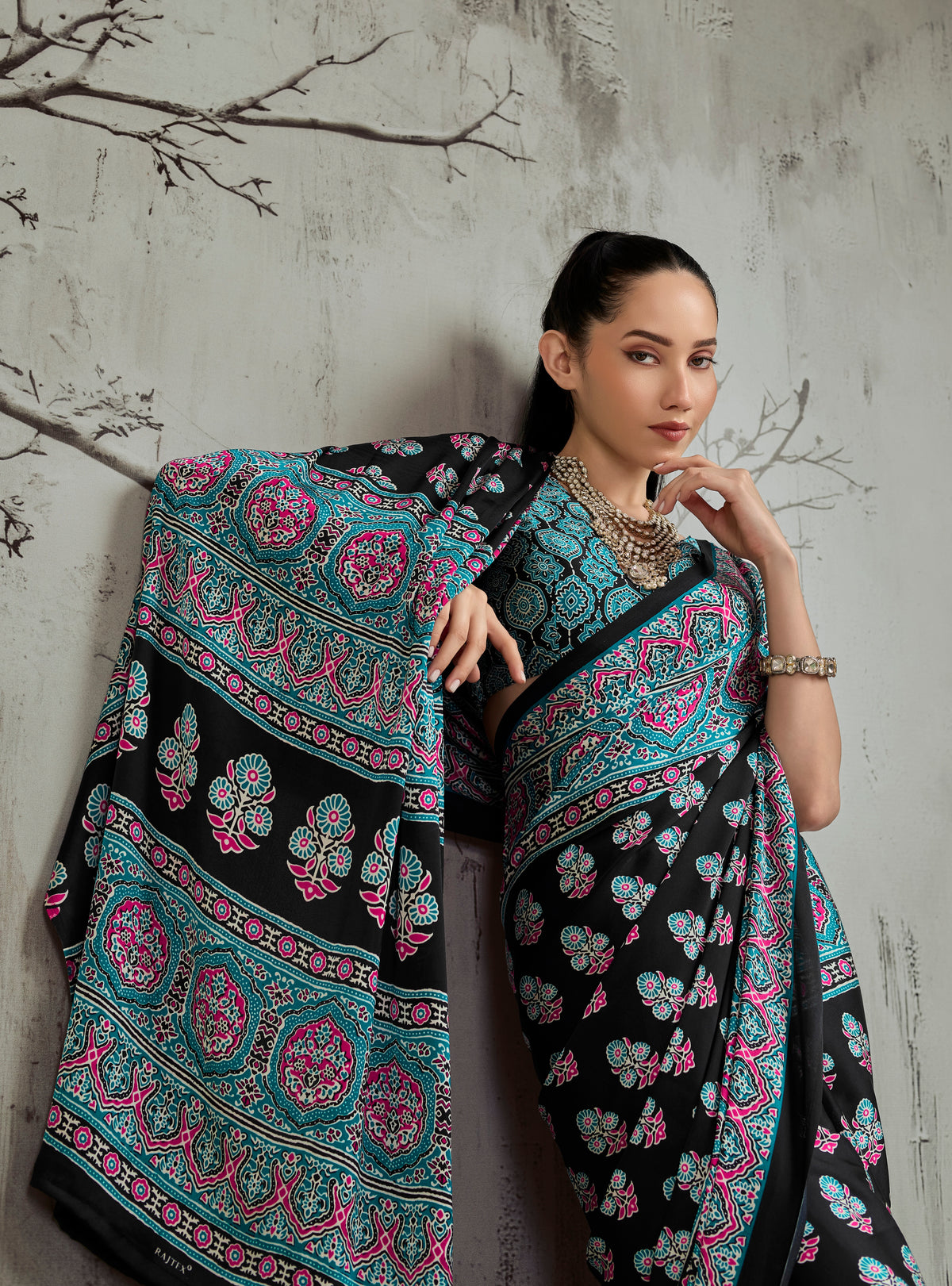 Black & Turquoise Modal Silk Ready To Wear/Easy Saree by StyleByPanaash
