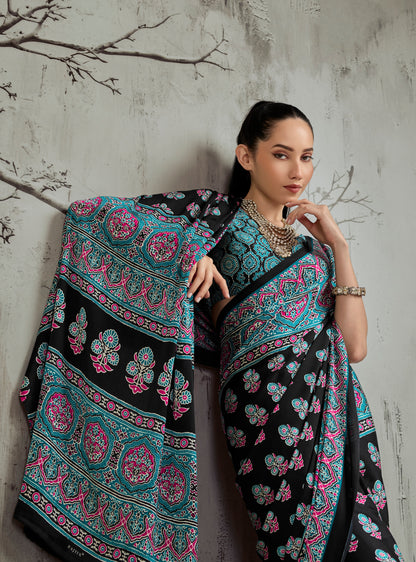 Black & Turquoise Modal Silk Ready To Wear/Easy Saree by StyleByPanaash