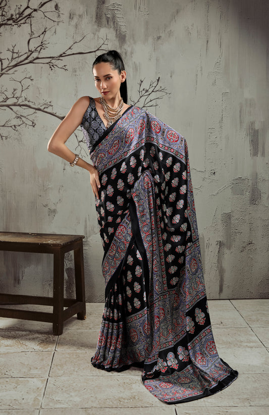 Black & Grey Modal Silk Ready To Wear/Easy Saree by StyleByPanaash