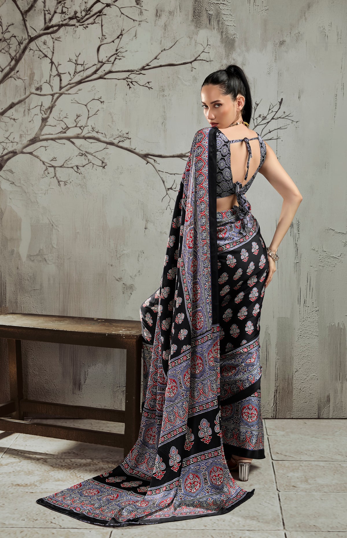Black & Grey Modal Silk Ready To Wear/Easy Saree by StyleByPanaash