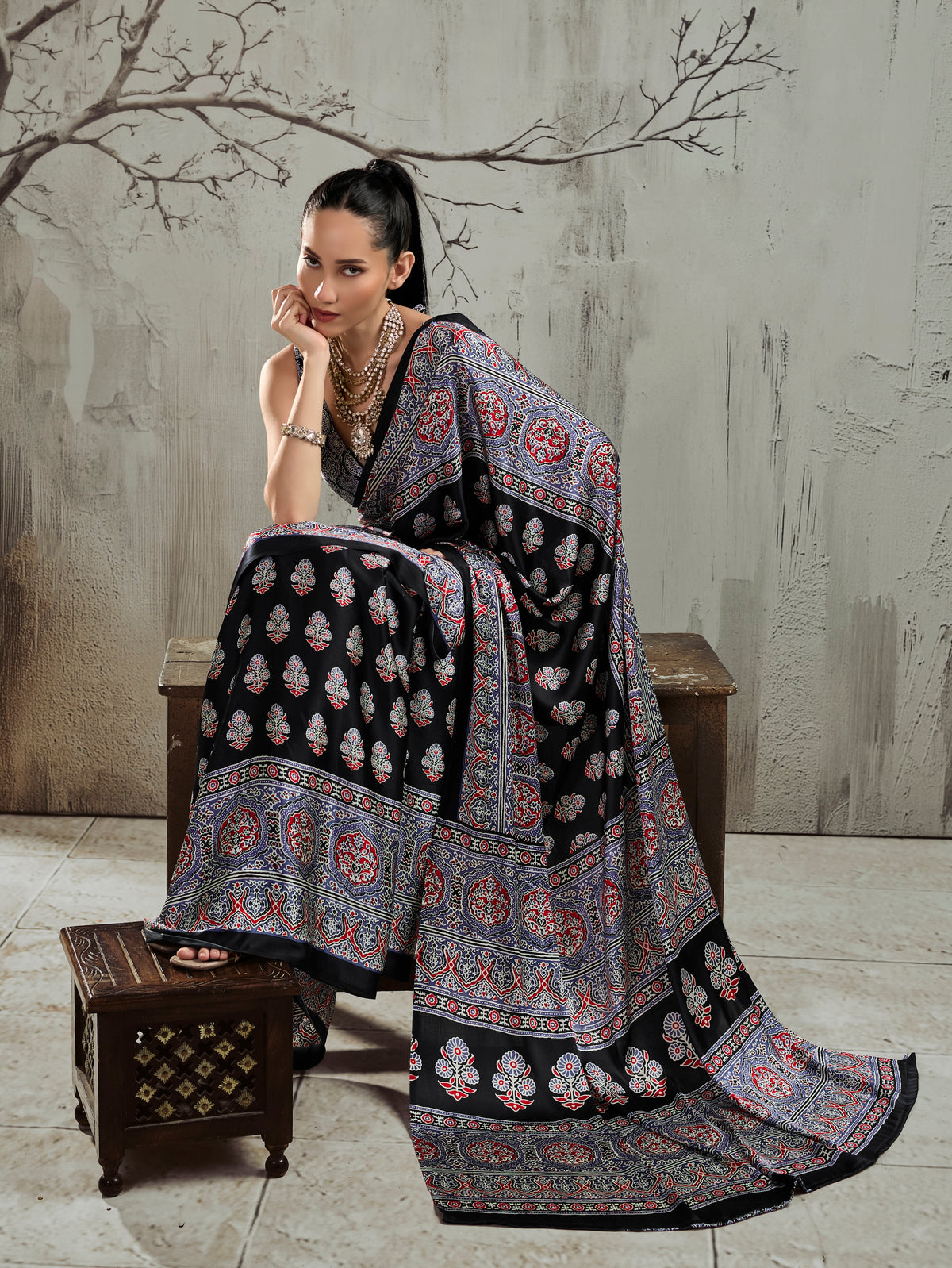 Black & Grey Modal Silk Ready To Wear/Easy Saree by StyleByPanaash
