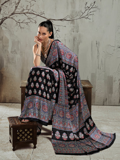 Black & Grey Modal Silk Ready To Wear/Easy Saree by StyleByPanaash