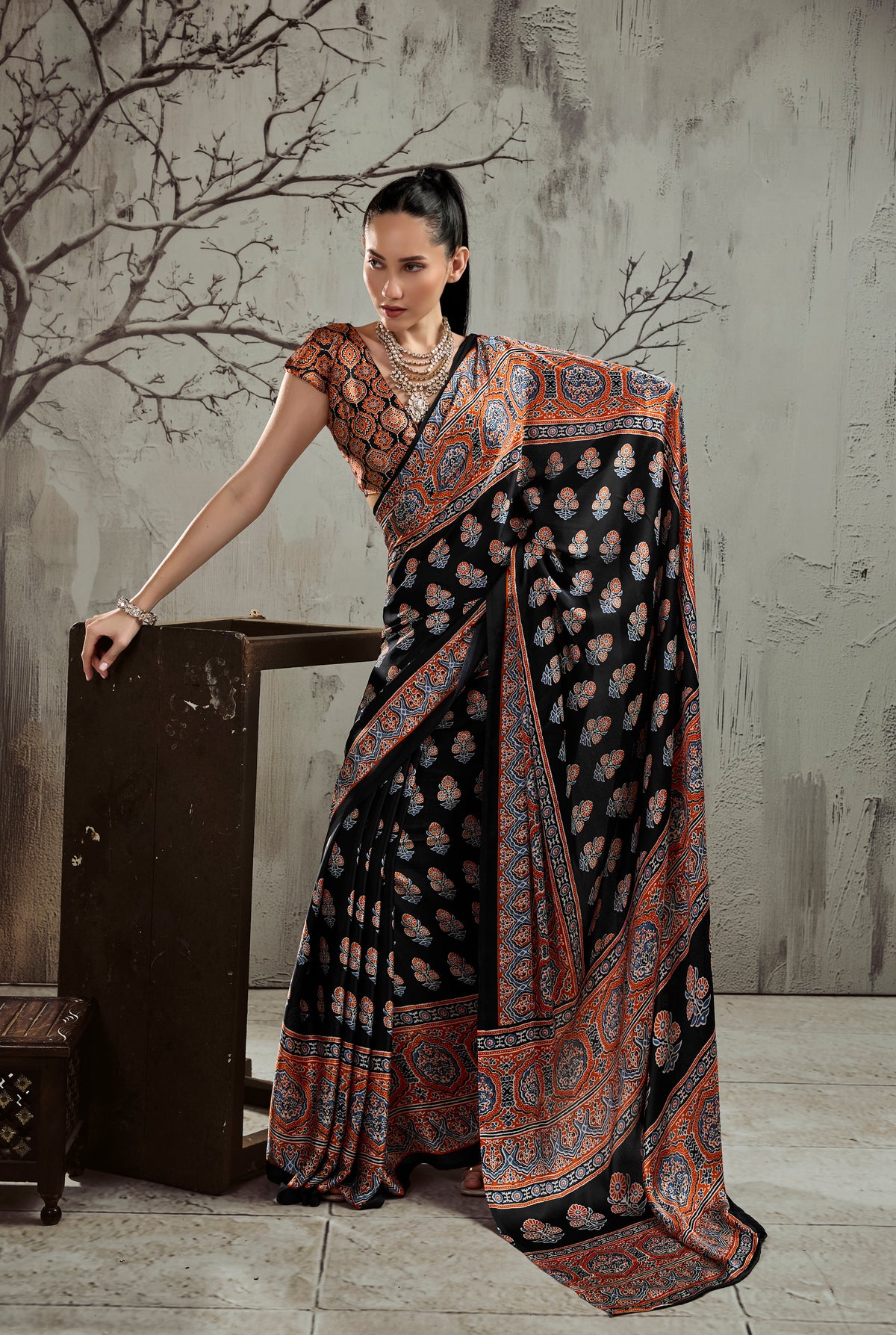Black & Rust Orange Modal Silk Ready To Wear/Easy Saree by StyleByPanaash