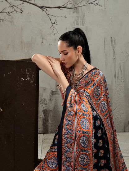 Black & Rust Orange Modal Silk Ready To Wear/Easy Saree by StyleByPanaash