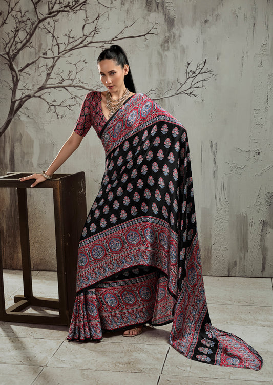 Black & Red  Modal Silk Ready To Wear/Easy Saree by StyleByPanaash