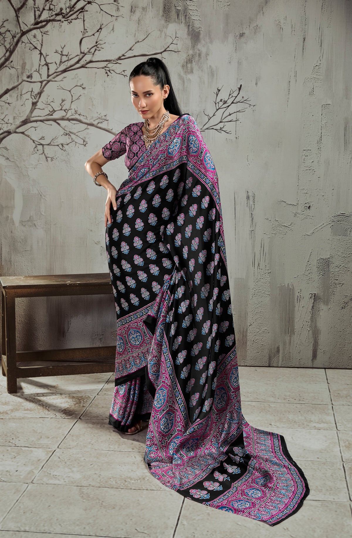 Black & Magenta Modal Silk Ready To Wear/Easy Saree by StyleByPanaash