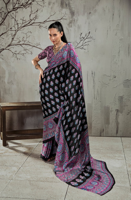 Black & Magenta Modal Silk Ready To Wear/Easy Saree by StyleByPanaash